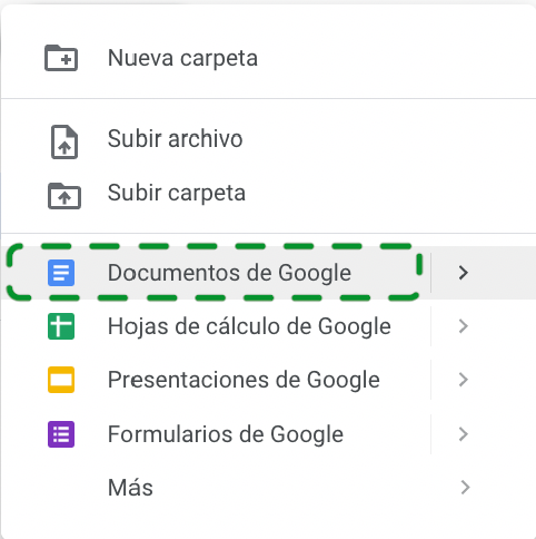 Se desplegará un menú donde debes seleccionar qué tipo de documento quieres crear. Por ejemplo, crearemos un archivo de texto, así que seleccionaremos la opción Documentos de Google.